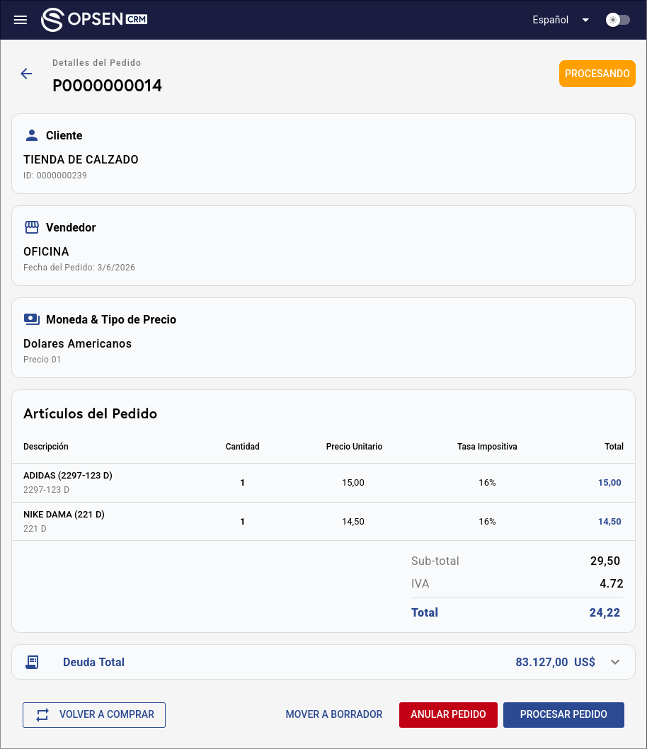 Visualización de un pedido registrado exitosamente en el sistema administrativo