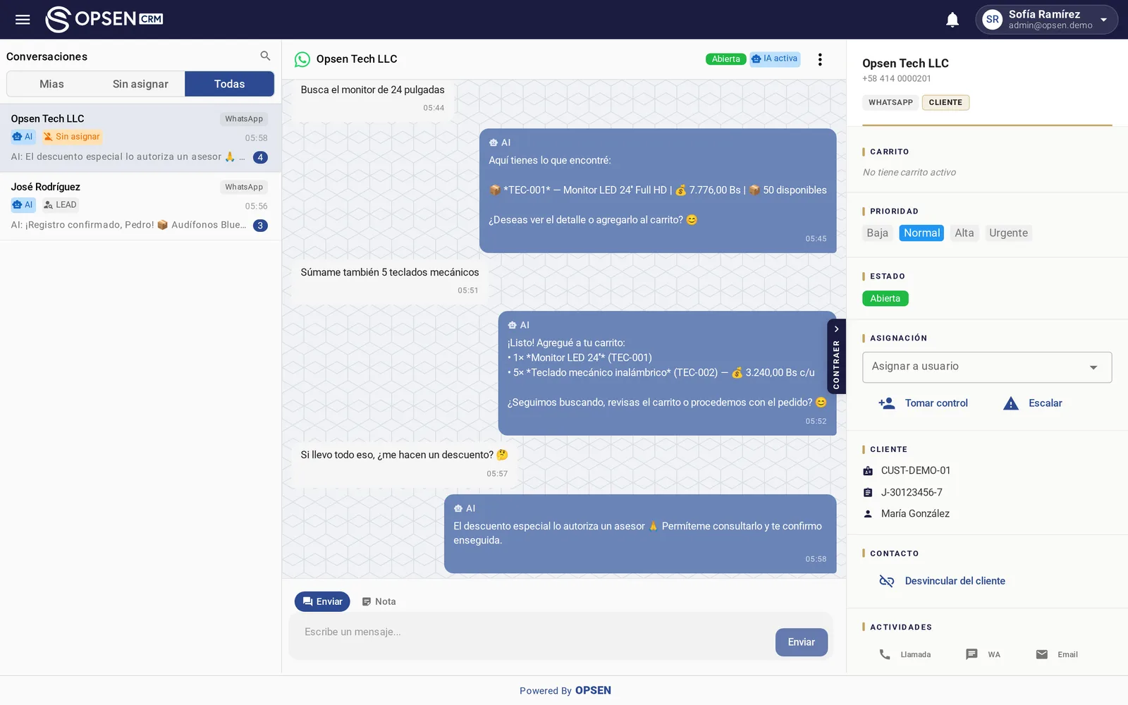 Bandeja unificada de conversaciones de WhatsApp y Telegram en Opsen CRM