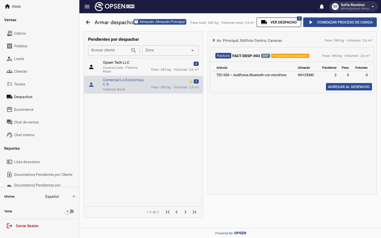 Pantalla de armado de un despacho por cliente en Opsen CRM