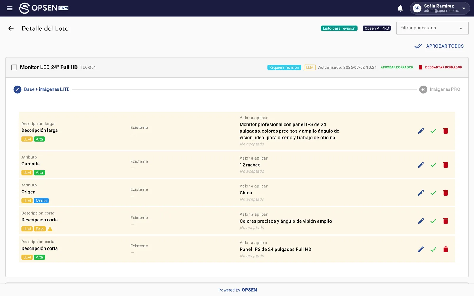 Revisión de un enriquecimiento con IA: descripciones y fichas técnicas propuestas para un producto en Opsen CRM
