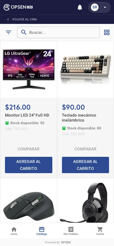 Catálogo de productos con fotos y existencia real en Opsen CRM desde el teléfono