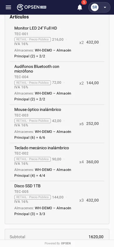 Detalle de un pedido tomado desde el teléfono en Opsen CRM